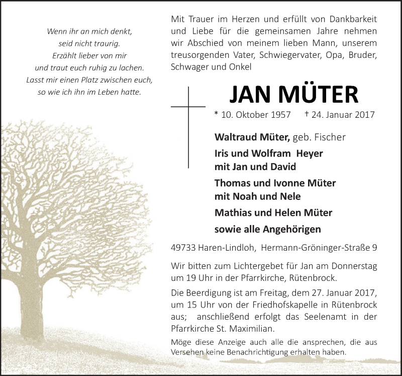  Traueranzeige für Jan Müter vom 26.01.2017 aus Neue Osnabrücker Zeitung GmbH & Co. KG