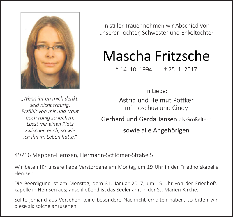  Traueranzeige für Mascha Fritzsche vom 28.01.2017 aus Neue Osnabrücker Zeitung GmbH & Co. KG