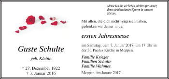 Traueranzeige von Guste Schulte von Neue Osnabrücker Zeitung GmbH & Co. KG