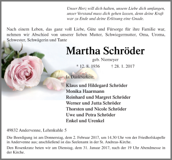 Traueranzeige von Martha Schröder von Neue Osnabrücker Zeitung GmbH & Co. KG