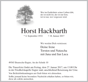 Traueranzeige von Horst Hackbarth von Neue Osnabrücker Zeitung GmbH & Co. KG