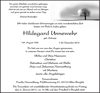 Traueranzeige von Hildegard Unnewehr von Neue Osnabrücker Zeitung GmbH & Co. KG