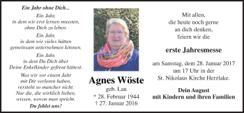 Traueranzeige von Agnes Wöste von Neue Osnabrücker Zeitung GmbH & Co. KG