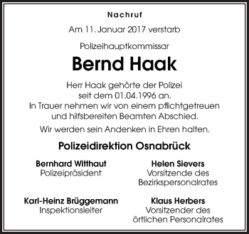 Traueranzeige von Bernd Haak von Neue Osnabrücker Zeitung GmbH & Co. KG