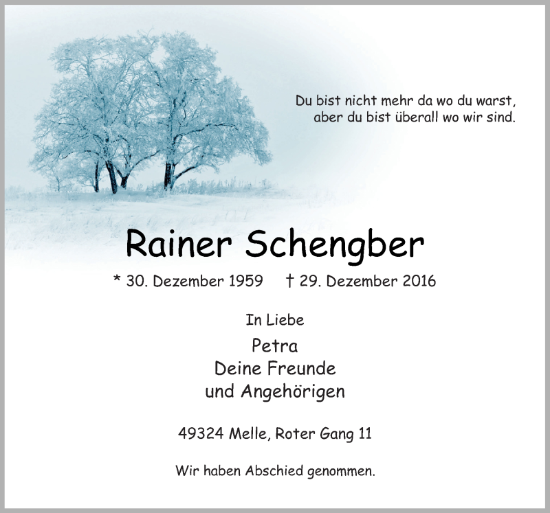  Traueranzeige für Rainer Schengber vom 12.01.2017 aus Neue Osnabrücker Zeitung GmbH & Co. KG