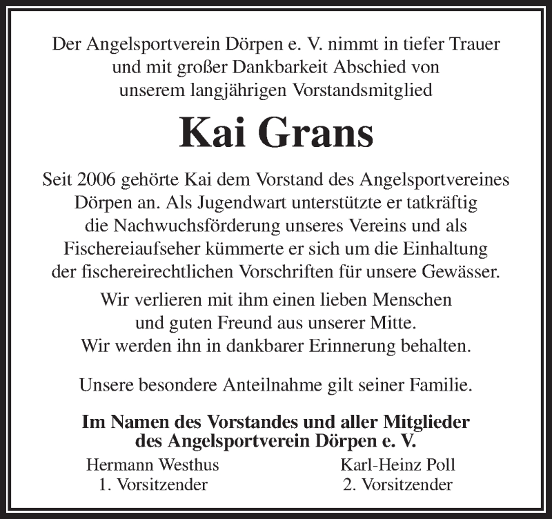  Traueranzeige für Kai Grans vom 31.12.2016 aus Neue Osnabrücker Zeitung GmbH & Co. KG