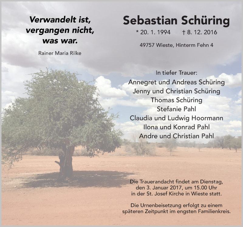  Traueranzeige für Sebastian Schüring vom 30.12.2016 aus Neue Osnabrücker Zeitung GmbH & Co. KG