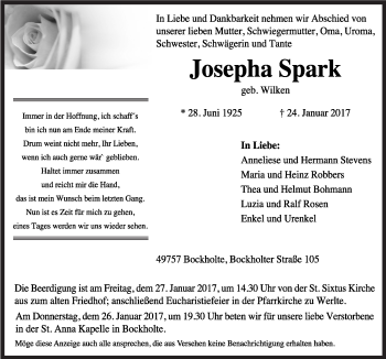 Traueranzeige von Josepha Spark von Neue Osnabrücker Zeitung GmbH & Co. KG