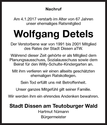 Traueranzeige von Wolfgang Detels von Neue Osnabrücker Zeitung GmbH & Co. KG