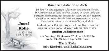 Traueranzeige von Josef Rohe von Neue Osnabrücker Zeitung GmbH & Co. KG