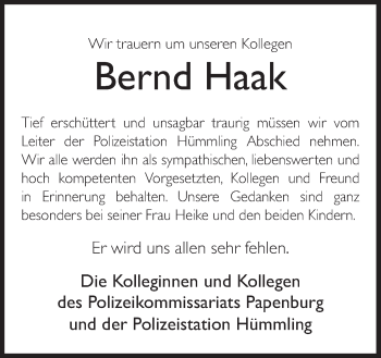 Traueranzeige von Bernd Haak von Neue Osnabrücker Zeitung GmbH & Co. KG