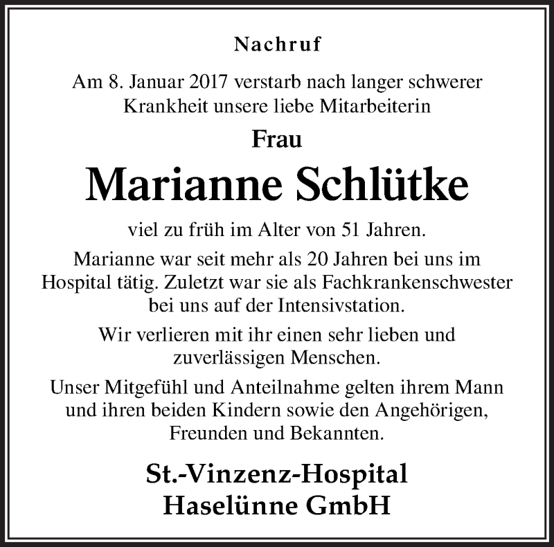  Traueranzeige für Marianne Schlütke vom 13.01.2017 aus Neue Osnabrücker Zeitung GmbH & Co. KG