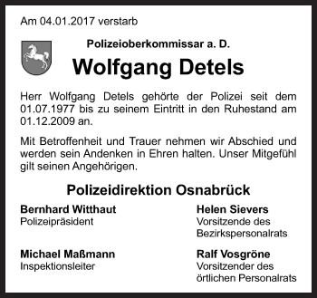 Traueranzeige von Wolfgang Detels von Neue Osnabrücker Zeitung GmbH & Co. KG