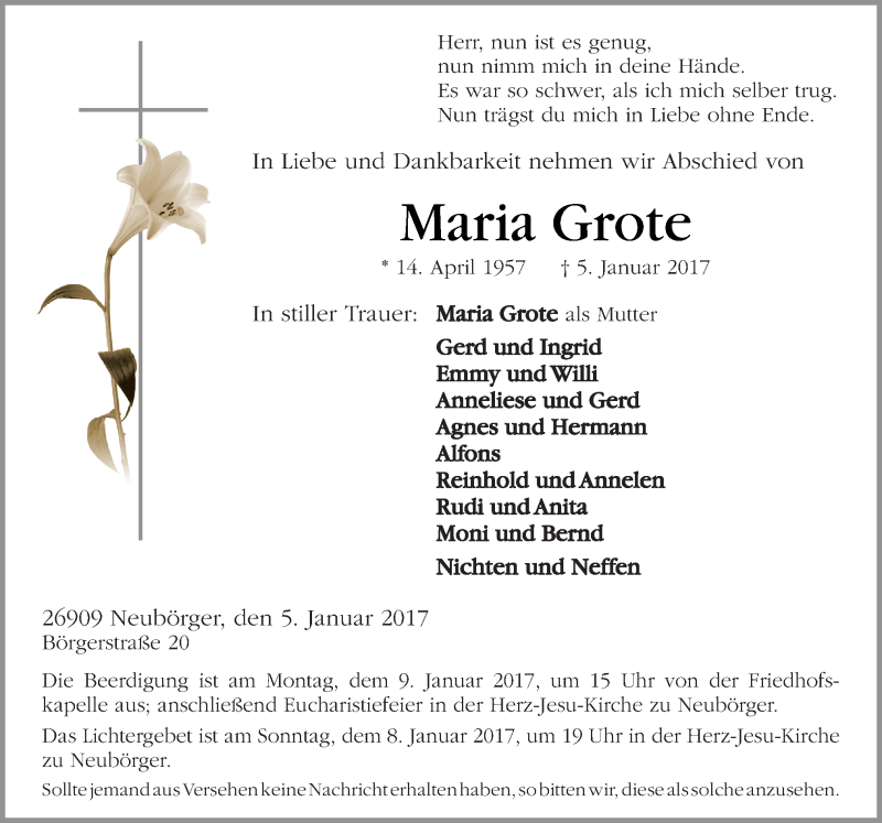  Traueranzeige für Maria Grote vom 07.01.2017 aus Neue Osnabrücker Zeitung GmbH & Co. KG