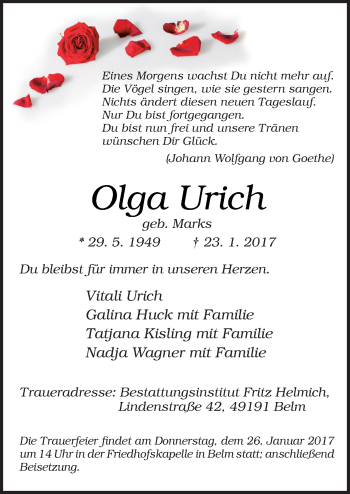 Traueranzeige von Olga Urich von Neue Osnabrücker Zeitung GmbH & Co. KG