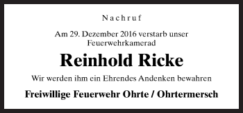 Traueranzeige von Reinhold Ricke von Neue Osnabrücker Zeitung GmbH & Co. KG