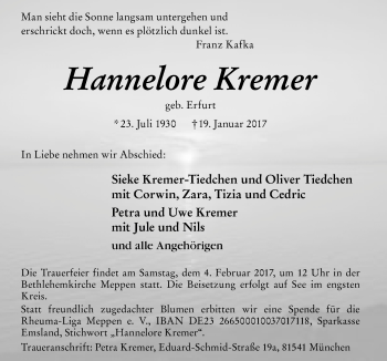 Traueranzeige von Hannelore Kremer von Neue Osnabrücker Zeitung GmbH & Co. KG