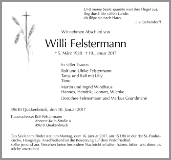 Traueranzeige von Willi Felstermann von Neue Osnabrücker Zeitung GmbH & Co. KG