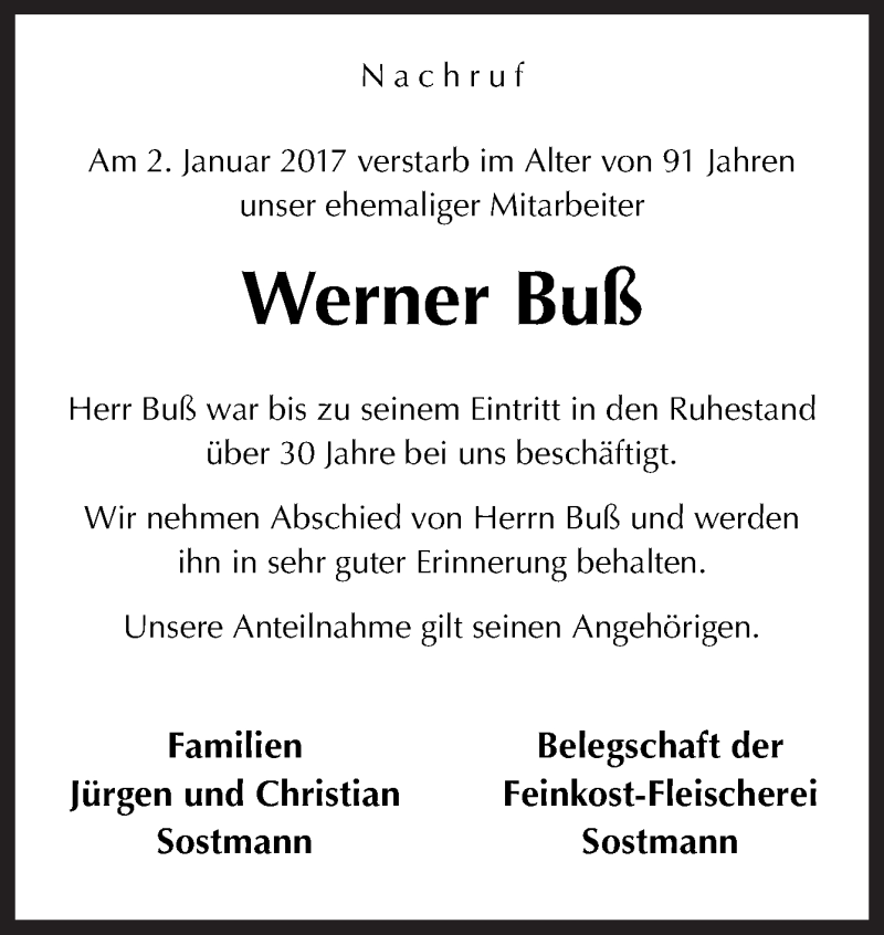  Traueranzeige für Werner Buß vom 10.01.2017 aus Neue Osnabrücker Zeitung GmbH & Co. KG