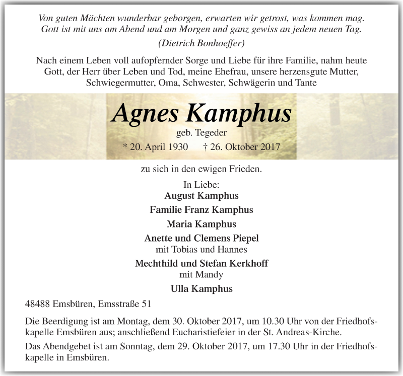  Traueranzeige für Agnes Kamphus vom 27.10.2017 aus Neue Osnabrücker Zeitung GmbH & Co. KG