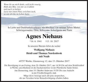 Traueranzeige von Agnes Niehaus von Neue Osnabrücker Zeitung GmbH & Co. KG