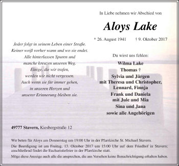 Traueranzeige von Aloys Lake von Neue Osnabrücker Zeitung GmbH & Co. KG