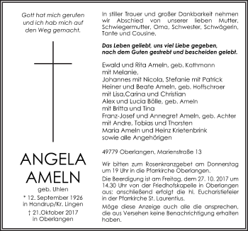 Traueranzeige von Angela Ameln von Neue Osnabrücker Zeitung GmbH & Co. KG