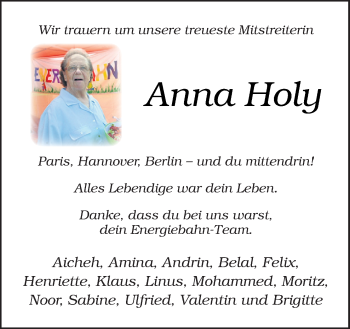 Traueranzeige von Anna Holy von Neue Osnabrücker Zeitung GmbH & Co. KG