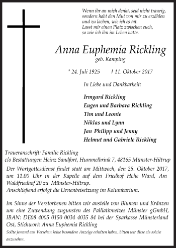 Traueranzeige von Anna Euphemia Rickling von Neue Osnabrücker Zeitung GmbH & Co. KG