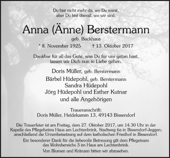Traueranzeige von Anna Änne Berstermann von Neue Osnabrücker Zeitung GmbH & Co. KG