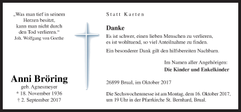 Traueranzeige von Anni Bröring von Neue Osnabrücker Zeitung GmbH & Co. KG