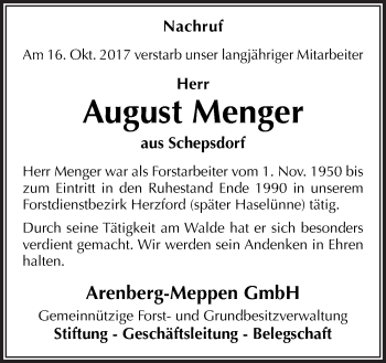 Traueranzeige von August Menger von Neue Osnabrücker Zeitung GmbH & Co. KG