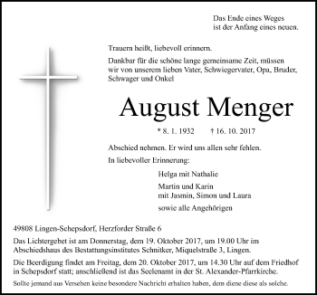 Traueranzeige von August Menger von Neue Osnabrücker Zeitung GmbH & Co. KG