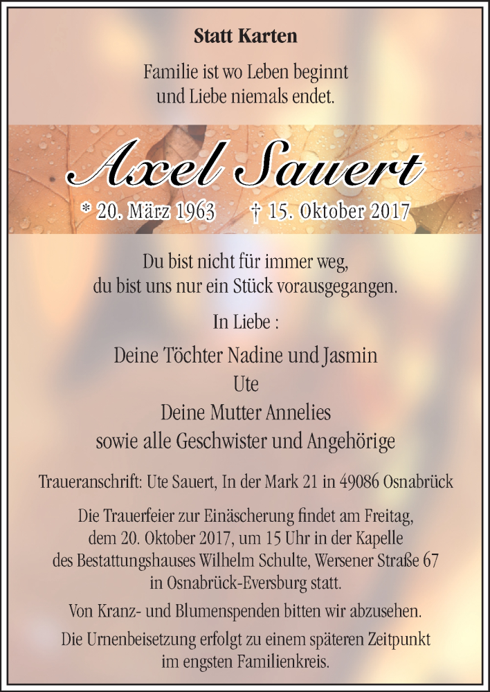  Traueranzeige für Axel Sauert vom 18.10.2017 aus Neue Osnabrücker Zeitung GmbH & Co. KG