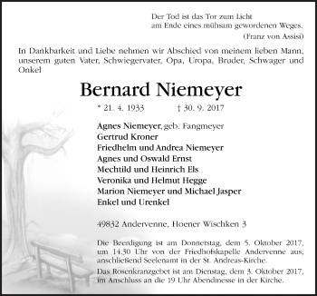 Traueranzeige von Bernard Niemeyer von Neue Osnabrücker Zeitung GmbH & Co. KG