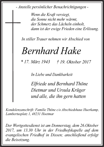 Traueranzeige von Bernhard Hake von Neue Osnabrücker Zeitung GmbH & Co. KG