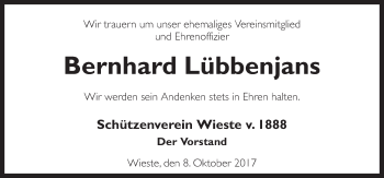 Traueranzeige von Bernhard Lübbenjans von Neue Osnabrücker Zeitung GmbH & Co. KG