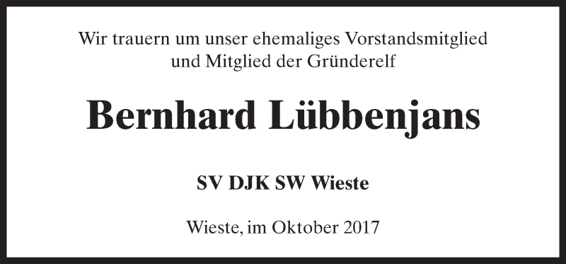  Traueranzeige für Bernhard Lübbenjans vom 11.10.2017 aus Neue Osnabrücker Zeitung GmbH & Co. KG