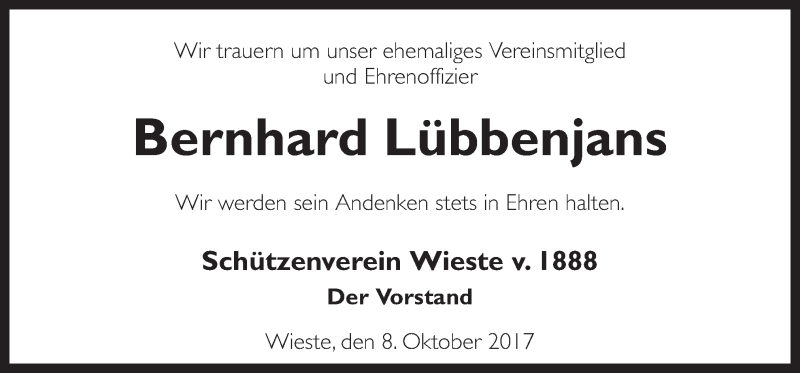  Traueranzeige für Bernhard Lübbenjans vom 10.10.2017 aus Neue Osnabrücker Zeitung GmbH & Co. KG