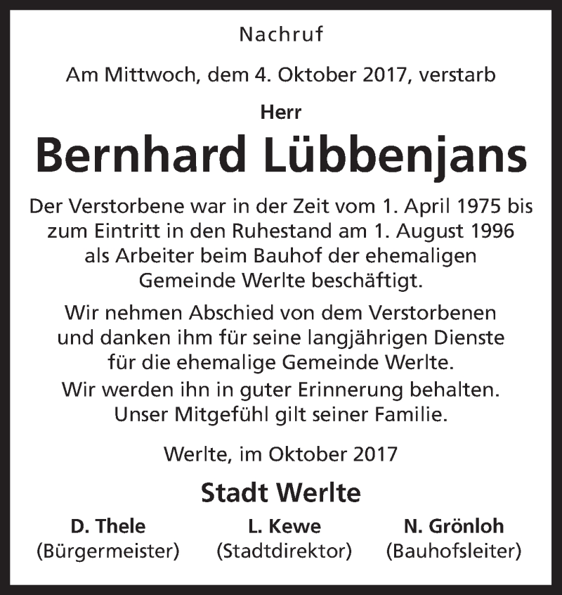  Traueranzeige für Bernhard Lübbenjans vom 09.10.2017 aus Neue Osnabrücker Zeitung GmbH & Co. KG