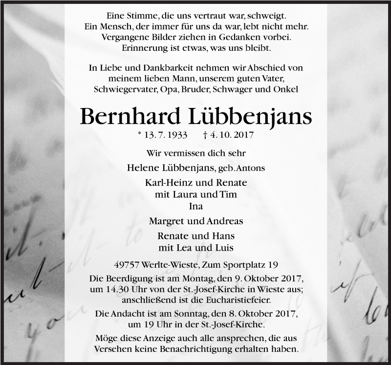  Traueranzeige für Bernhard Lübbenjans vom 06.10.2017 aus Neue Osnabrücker Zeitung GmbH & Co. KG