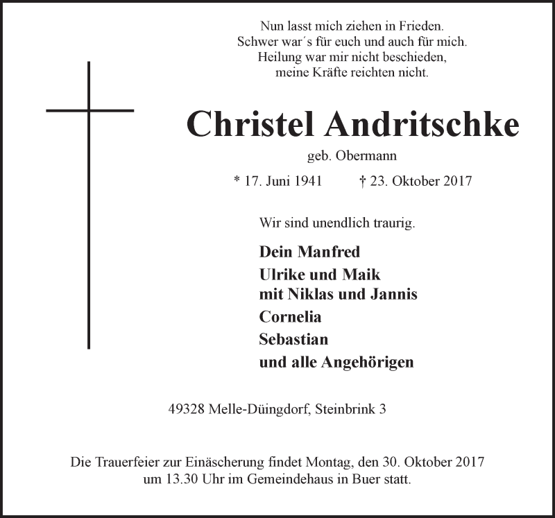  Traueranzeige für Christel Andritschke vom 26.10.2017 aus Neue Osnabrücker Zeitung GmbH & Co. KG