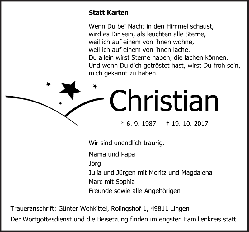  Traueranzeige für Christian  vom 23.10.2017 aus Neue Osnabrücker Zeitung GmbH & Co. KG