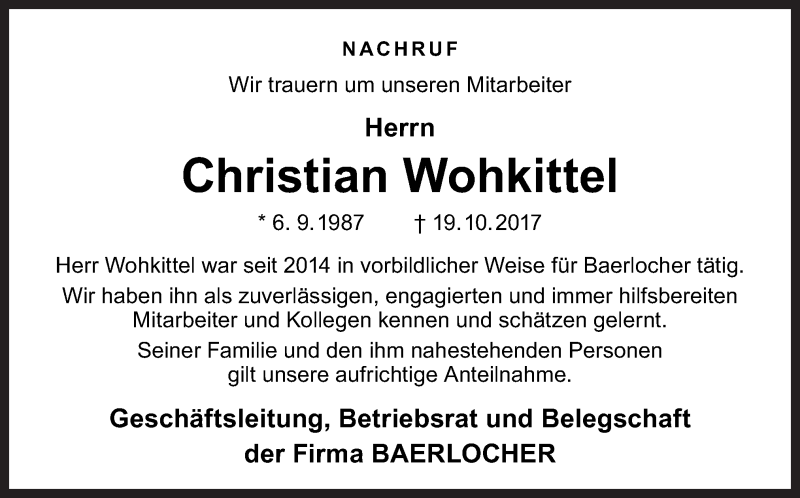  Traueranzeige für Christian Wohkittel vom 25.10.2017 aus Neue Osnabrücker Zeitung GmbH & Co. KG