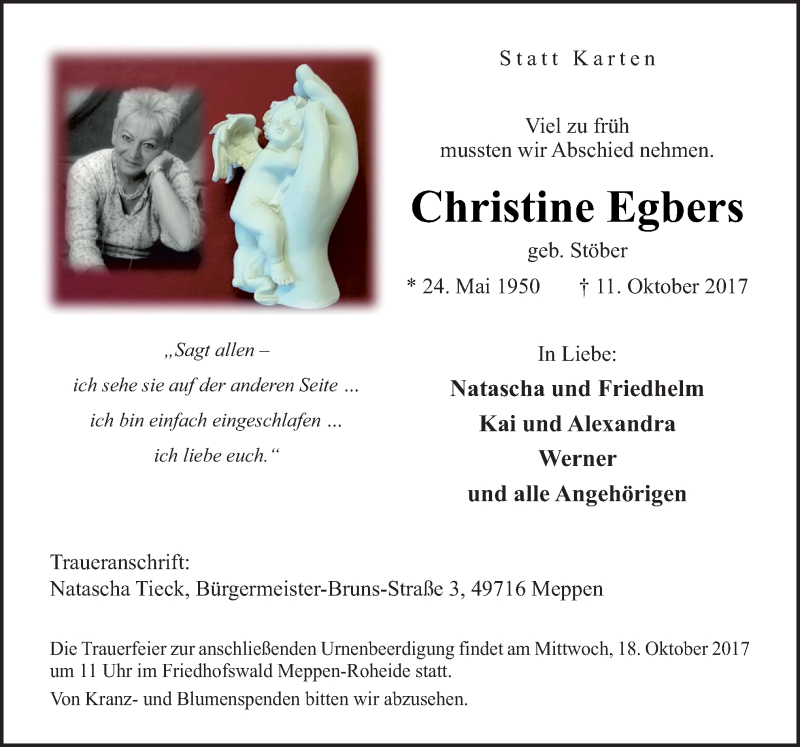  Traueranzeige für Christine Egbers vom 14.10.2017 aus Neue Osnabrücker Zeitung GmbH & Co. KG