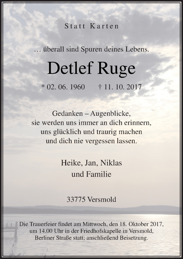  Traueranzeige für Detlef Ruge vom 14.10.2017 aus Neue Osnabrücker Zeitung GmbH & Co. KG