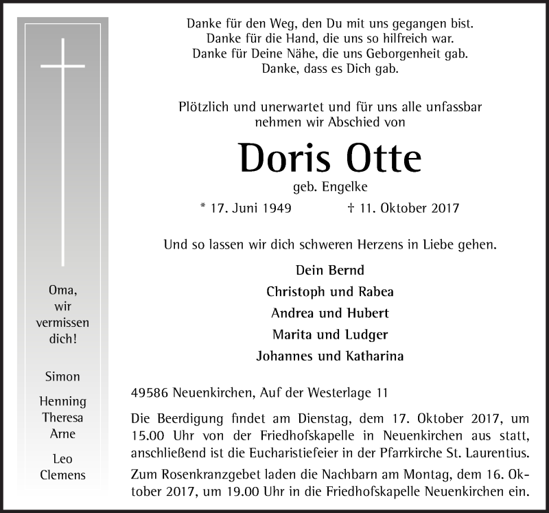  Traueranzeige für Doris Otte vom 14.10.2017 aus Neue Osnabrücker Zeitung GmbH & Co. KG