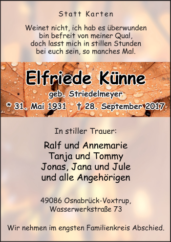 Traueranzeige von Elfriede Künne von Neue Osnabrücker Zeitung GmbH & Co. KG