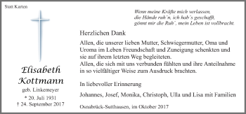 Traueranzeige von Elisabeth Kottmann von Neue Osnabrücker Zeitung GmbH & Co. KG