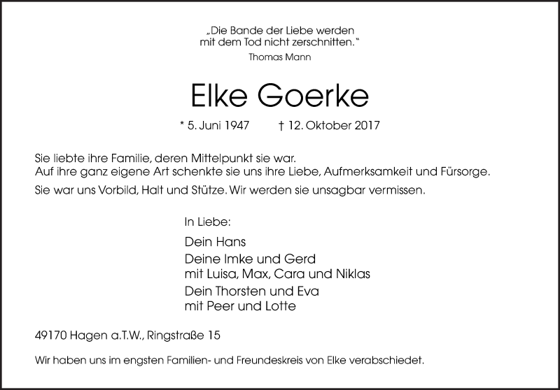  Traueranzeige für Elke Goerke vom 21.10.2017 aus Neue Osnabrücker Zeitung GmbH & Co. KG